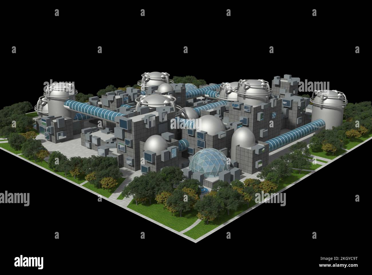 Die Skyline des industriellen Lebensraums mit futuristischen architektonischen Hintergründen. Der Beschneidungspfad ist in der 3D-Abbildung enthalten. Stockfoto