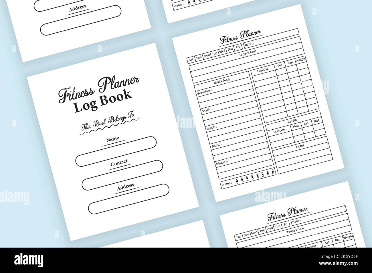 Fitness-Planer KDP Interieur-Notebook. Tägliche Übungsroutine und tägliche Ernährungsplaner-Zeitschriftenvorlage. KDP-Innenlogbuch. Fitnessplaner und Stock Vektor