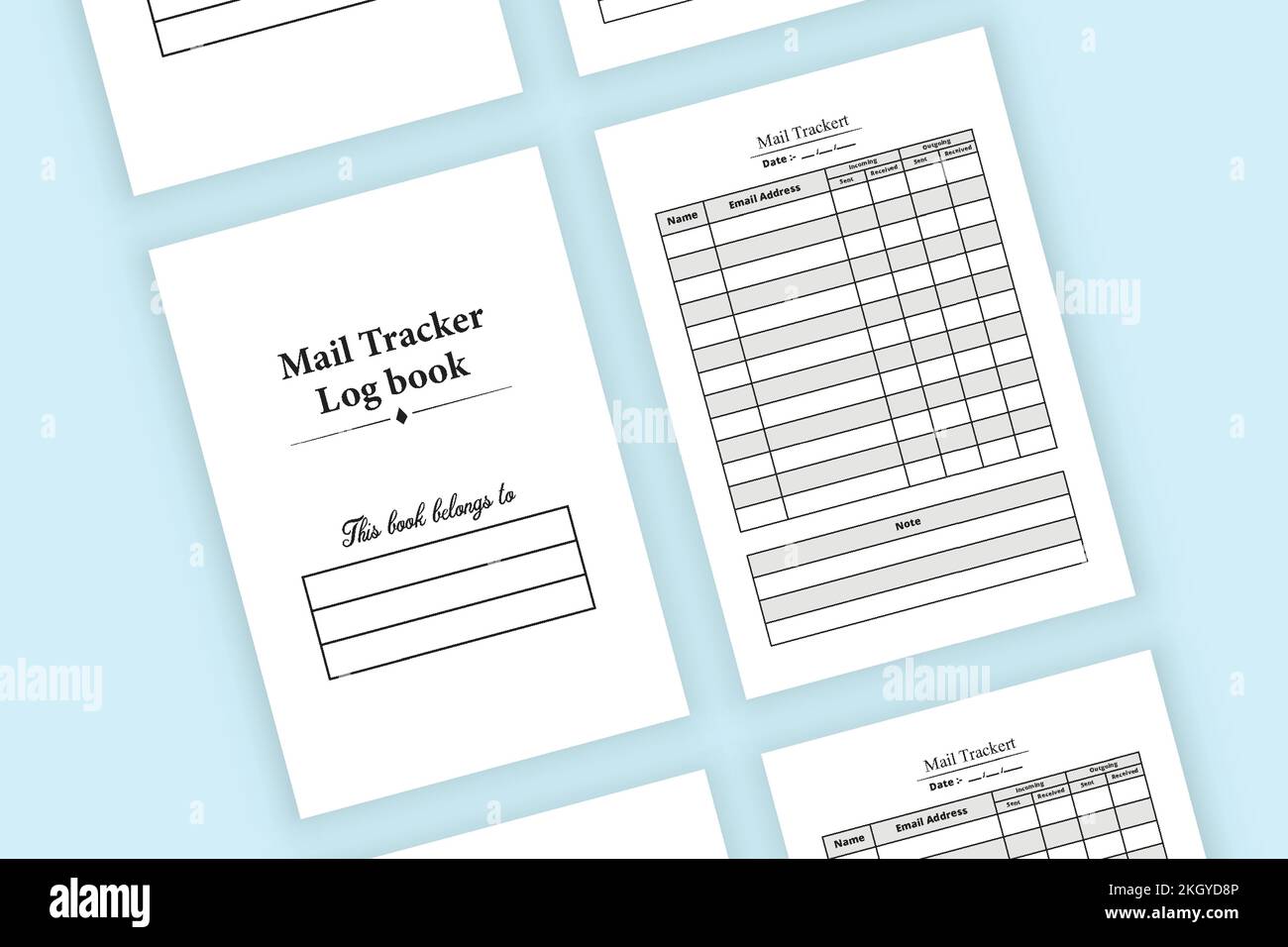 Mail-Tracker-Tagebuch KDP-Innenraum. Logbuch mit Geschäftsinformationen. Inneres Tagebuch für eingehende und ausgehende Postsendungen. KDP-Innenlogbuch. Postscheck Stock Vektor