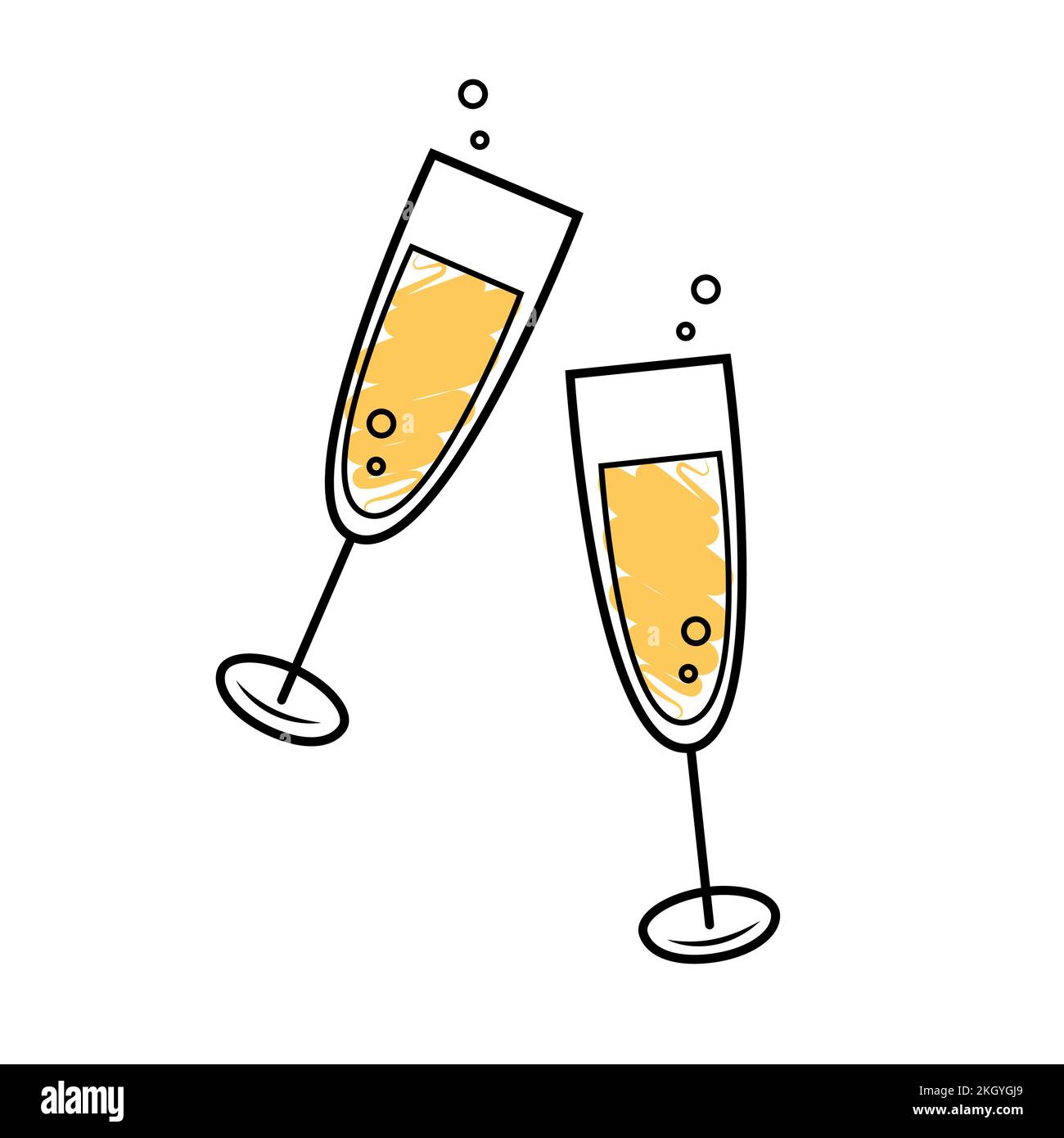 Ein Glas Champagner. Feiern, Feiertage, Toastkonzepte. Handgezeichnete Skizzen. Symbol isoliert auf weißem Hintergrund. Vektordarstellung. Stock Vektor