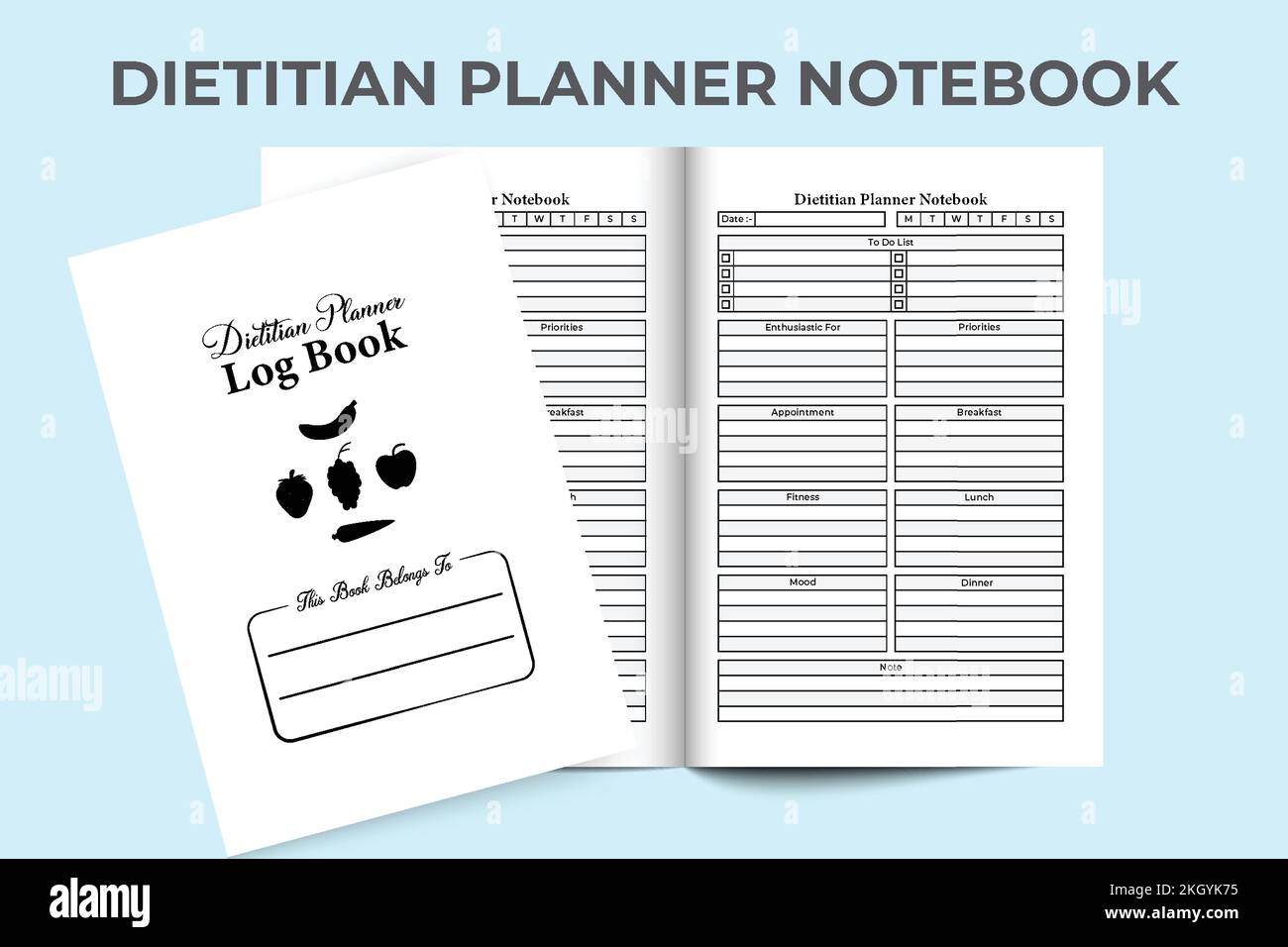 KDP-Vorlage für dietisches Planungsprogramm für den Innenbereich. Diätistische tägliche Patienteninformation und Ernährungsgewohnheitsplaner-Interieur. KDP-Innenlogbuch. Tägliche Ernährung t Stock Vektor