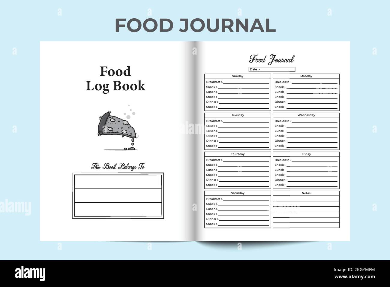 Food Journal KDP Interieur. Täglicher Tracker für Gewohnheiten und Vorlage für die Überprüfung von Lebensmittelinformationen. KDP-Innenlogbuch. Speiseplan und Tagesmahlzeiten Stock Vektor