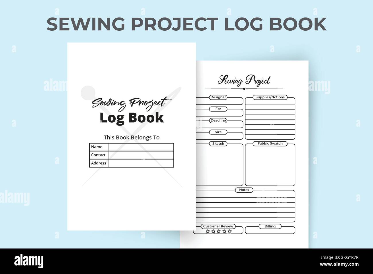 Nähprojekt KDP Innennotizbuch. Zeitschriftenvorlage für Textilherstellung und Designplaner. Modedesigner, Tagesplaner und Projektingenieure Stock Vektor