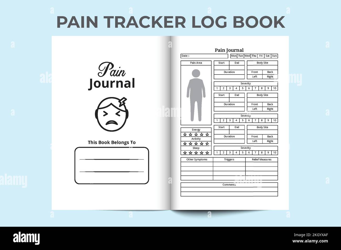 Pain-Tracker KDP-Innenzeitschrift. Körperschmerzinformationen und Medizinplanervorlage. KDP-Innenlogbuch. Schmerzen im menschlichen Körper und andere Symptome verfolgen Stock Vektor