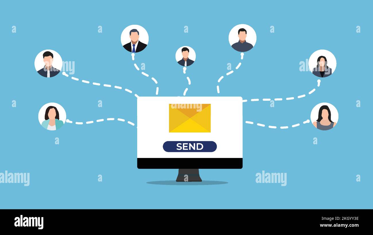 Vektor für das E-Mail-Kommunikationssystem im Büro. E-Mail an Freunde senden (Konzept). Geschäftskommunikation mit einem Laptop-Vektor. Übertragung von Büroinformationen Stock Vektor
