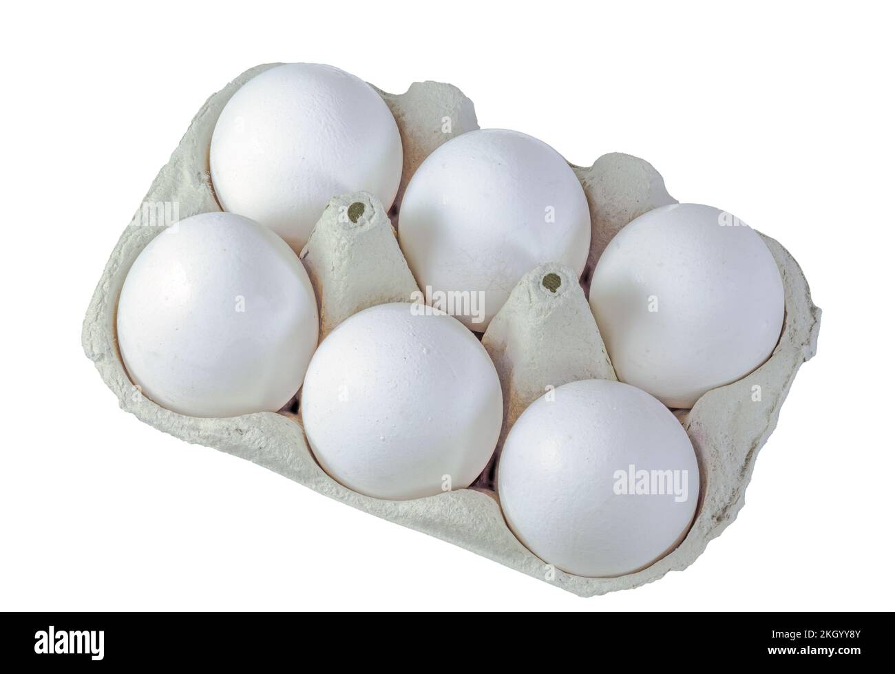 Nahaufnahme einer isolierten Eierbox mit weißen Bio-Eiern Stockfoto