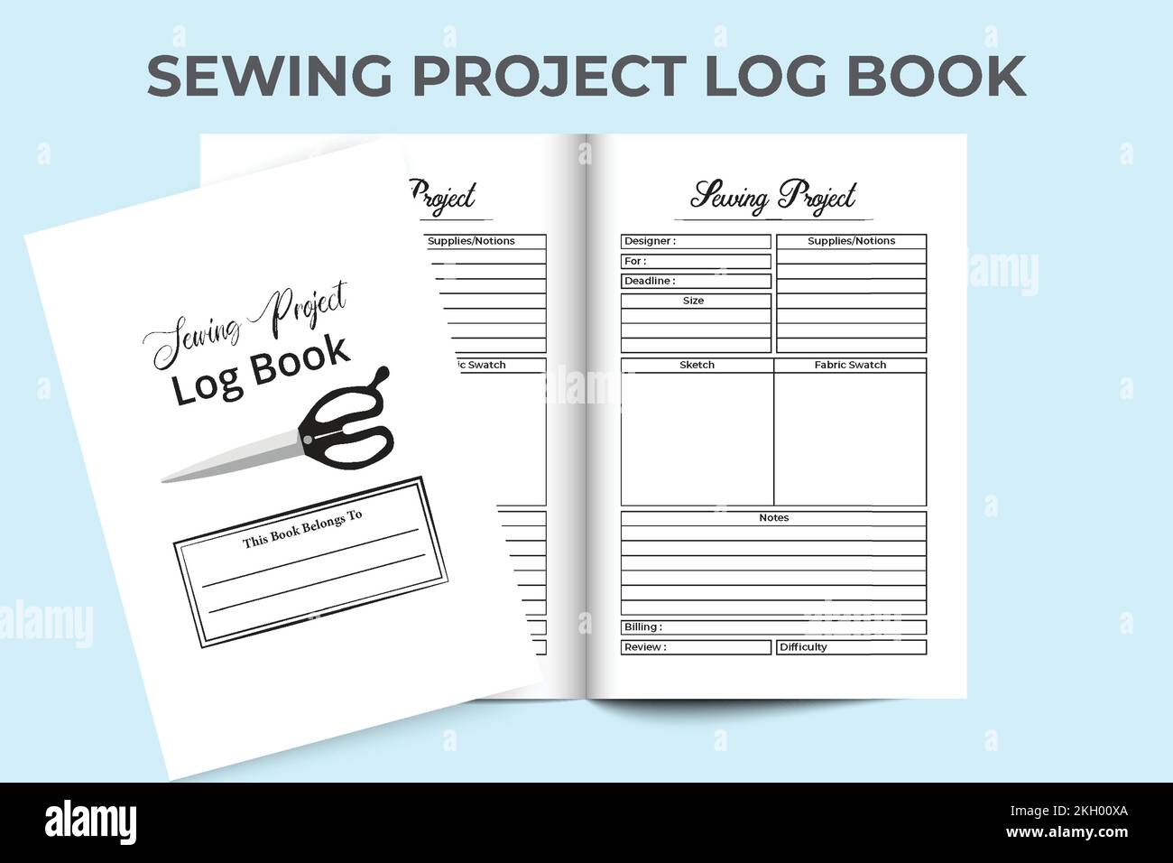 Nähprojekt KDP Innenzeitschrift. Stoffmessung und Modedesignervorlage für Notizbücher. Das KDP-Innenjournal. Nähprojektplaner und Busin Stock Vektor