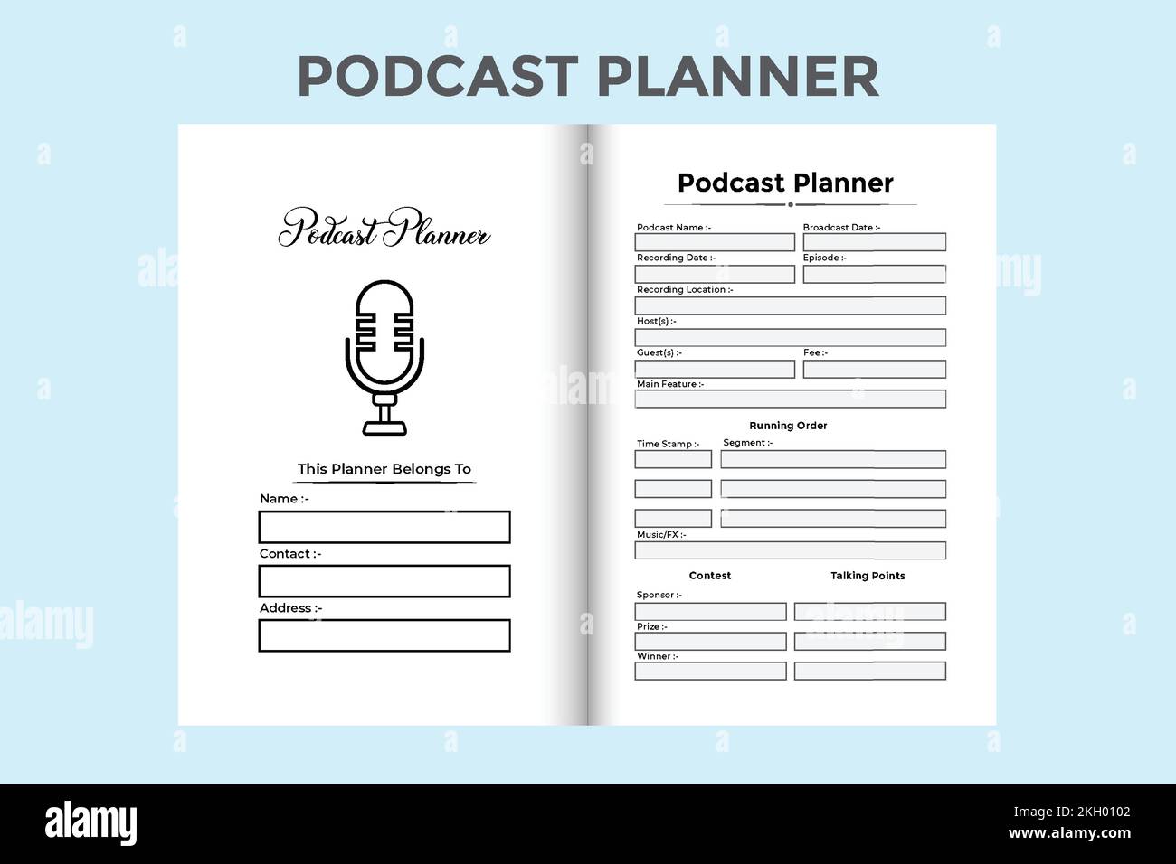 Podcast-Planer KDP Innenlogbuch. Tägliche Podcast-Themenprüfung und Vorlage für Informationsjournal. KDP-Innennotizbuch. Podcast-Hosting-Planer und Stock Vektor