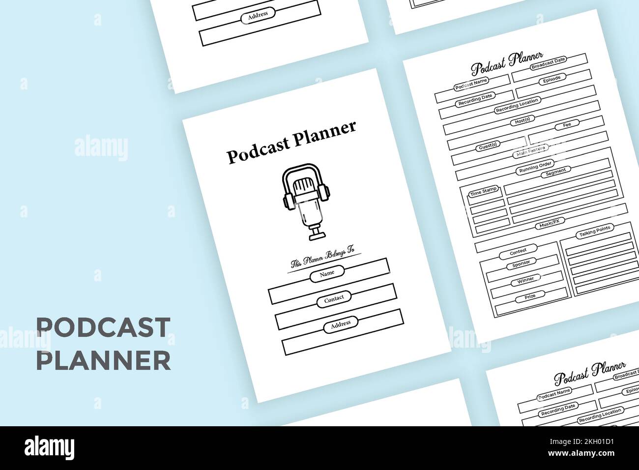 Podcast-Planer KDP-Innenlogbuch. Notizbuch mit Radiosenderinformationen und Vorlage für Gästetracker. KDP-Innenlogbuch. Podcast-Planer und täglicher A Stock Vektor