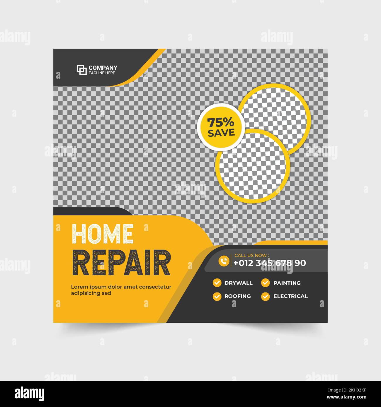 Hausreparatur- und Baudienst in sozialen Medien. Handwerker-Service-Banner. Moderne Bannervorlage für Heimarbeit und Heimwerkerbedarf. Gehäuse impro Stock Vektor