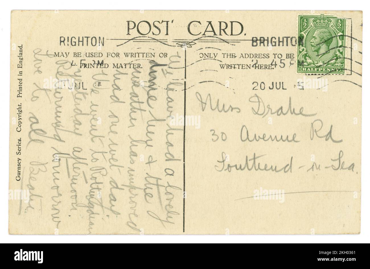 Ursprüngliche Postkarte aus der Ära WW1, datiert vom 20. Juli 1915. Stockfoto