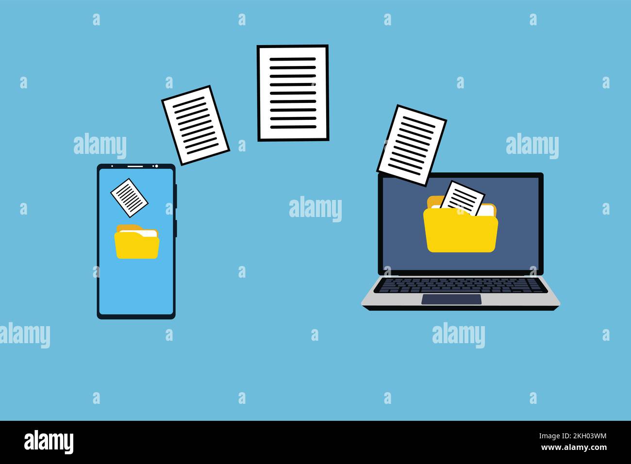Übertragen von Dokumenten von einem Mobilgerät auf einen Laptop-Vektor. Datenumwandlungsmethode mit verschiedenen Geräten. Drahtlose Datenübertragung über das Internet. Stock Vektor