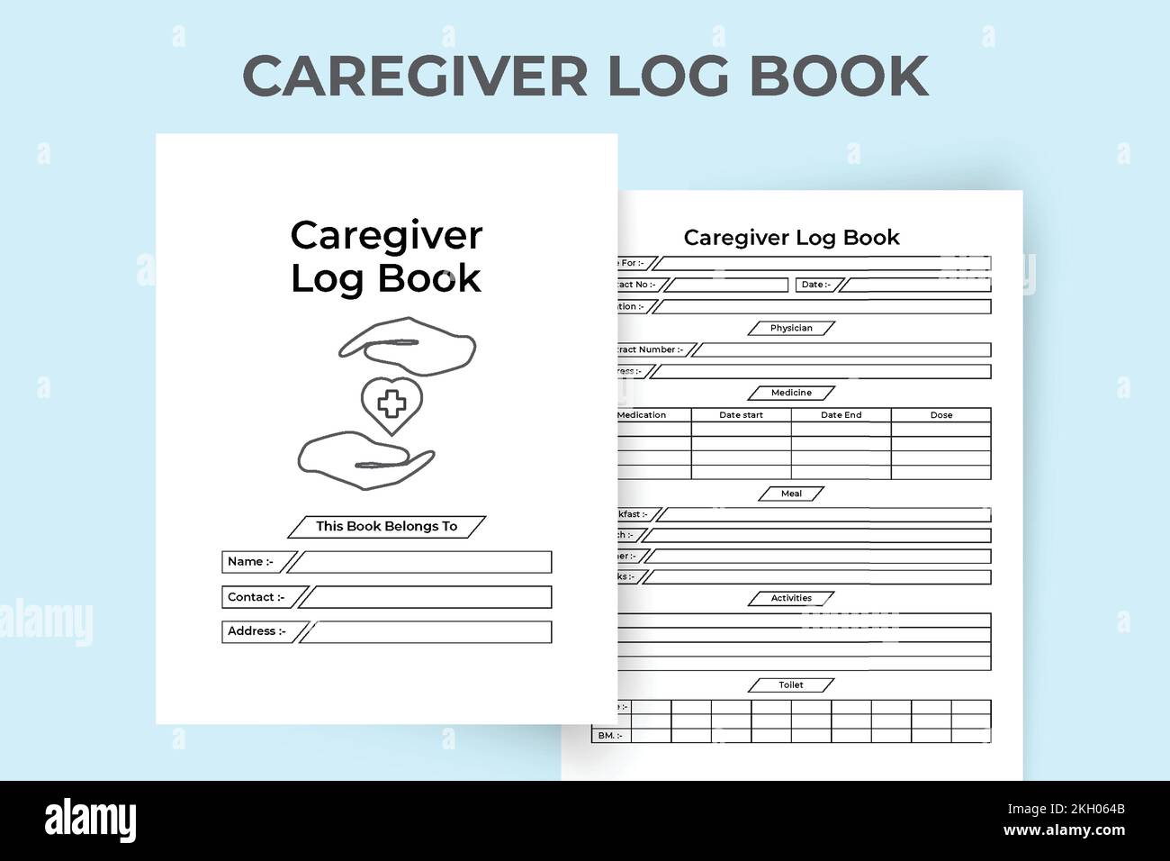 Caregiver KDP-Notizbuchvorlage für den Innenraum. Vorlage für die tägliche Routine des Arztes und den Tracker von Patientendaten. KDP-Innenlogbuch. Hausarzt d Stock Vektor
