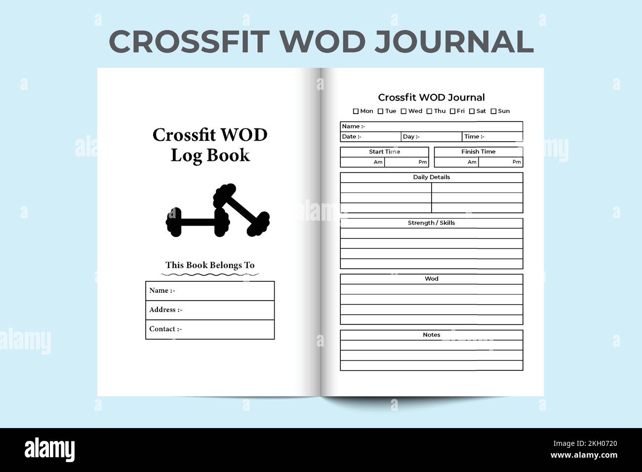 CrossFit WOD KDP Innenzeitschrift. Tägliche Übungsroutine und Vorlage für die Verfolgung von Fähigkeiten. KDP-Innennotizbuch. CrossFit WOD-Planer und tägliche Übungen Stock Vektor