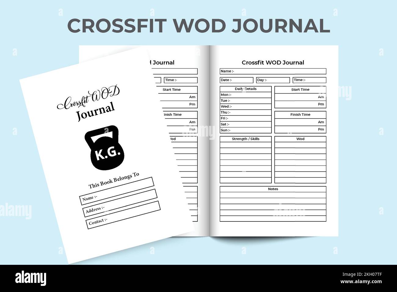 CrossFit WOD-Planer KDP Interieur. Täglicher Trainingsplaner und Vorlage für Körperstärketracker. KDP-Innennotizbuch. CrossFit WOD-Planer und Übung Stock Vektor