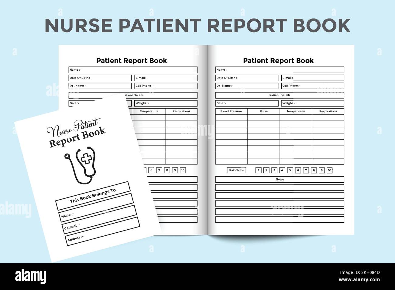 KDP-Tracker-Tagebuch für interne Krankenschwestern. Krankenpflegepersonal-Informationssender und Medizin-Notizbuch-Interieur. KDP-Innenlogbuch. Tägliche Heilung des Patienten Stock Vektor