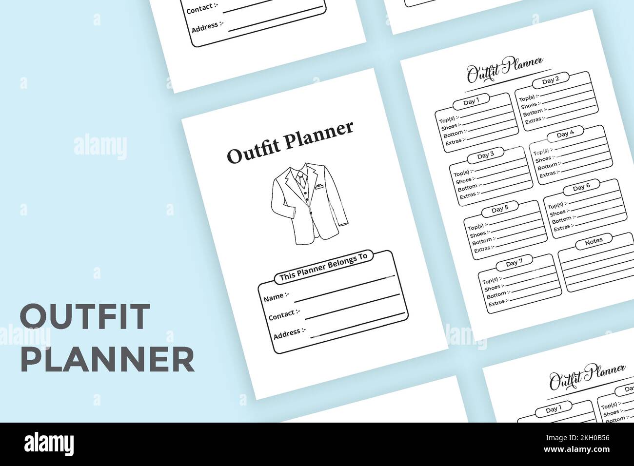 Outfit-Planer KDP Innenzeitschrift. Tägliche Modedesignervorlage für Notizbuch und Outfit Tracker. KDP-Innenlogbuch. Reguläre Outfit Informationen tra Stock Vektor