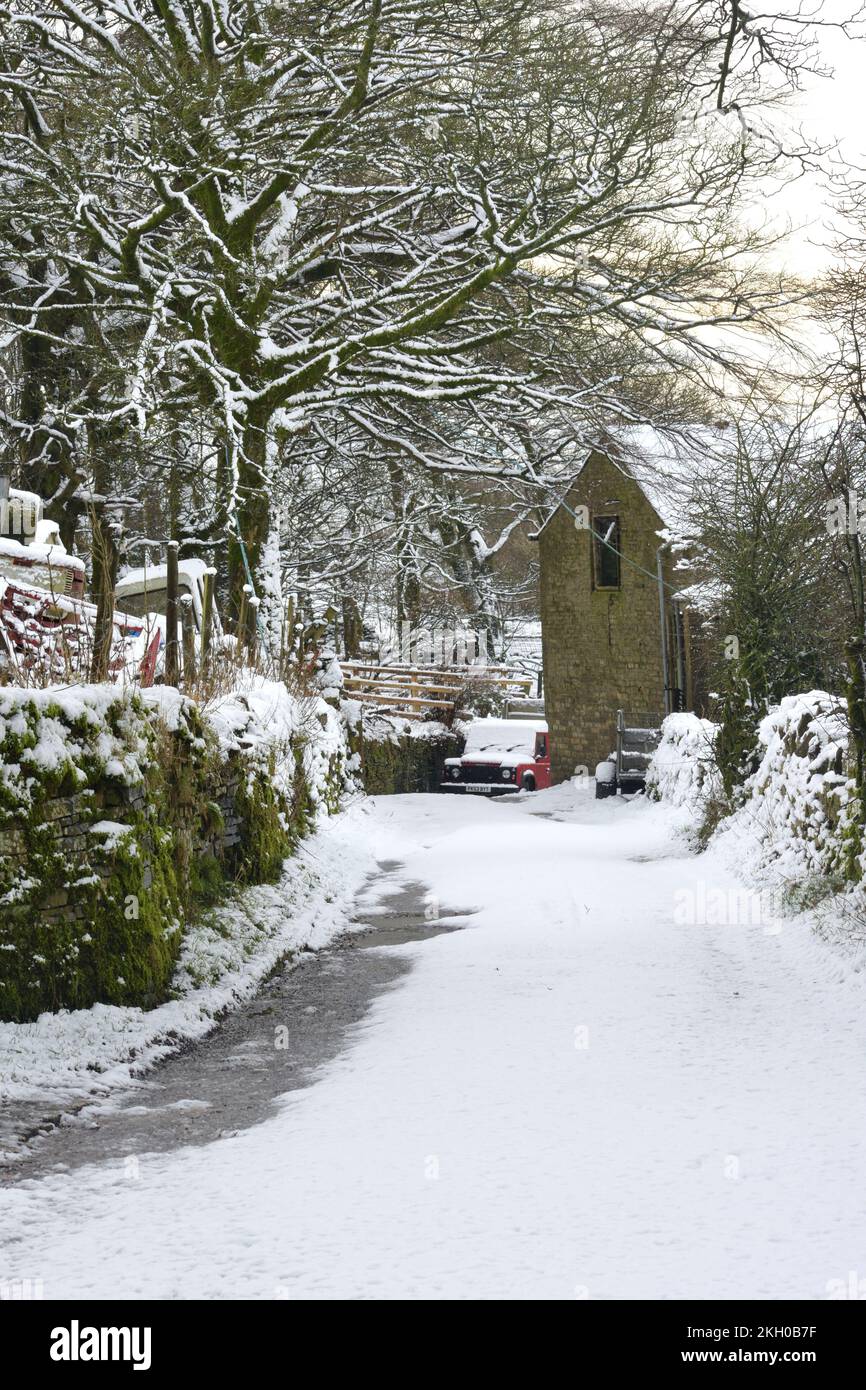 Das Winterfarm House blickte auf eine schneebedeckte Zufahrtsstraße mit Bäumen, Mauern und einem schneebedeckten Auto, das draußen geparkt wurde. Hervorhebung der Abgelegenheit von Bergfarmen Stockfoto