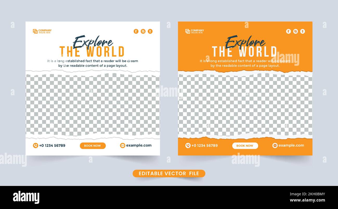 Vektor für Beiträge in sozialen Medien auf Reisen mit weißen und gelben Farben. Vorlage für Flugblätter zur Organisation des Urlaubsplaners. Bannerdesign für Reisen und Reisen Stock Vektor