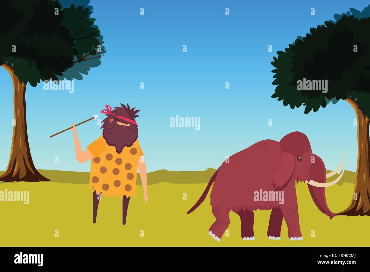 Ein Höhlenmensch jagt ein Mammut mit einem Speer in einem Dschungelvektor. Prähistorische Höhlenjagd und Ernährungsgewohnheit - Konzeptdarstellung. Höhlenbewohner mit langen s Stock Vektor