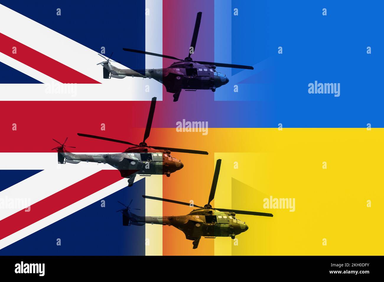 Militärhubschrauber unter britischer und ukrainischer Flagge. Waffen an die Ukraine... Konzept Stockfoto