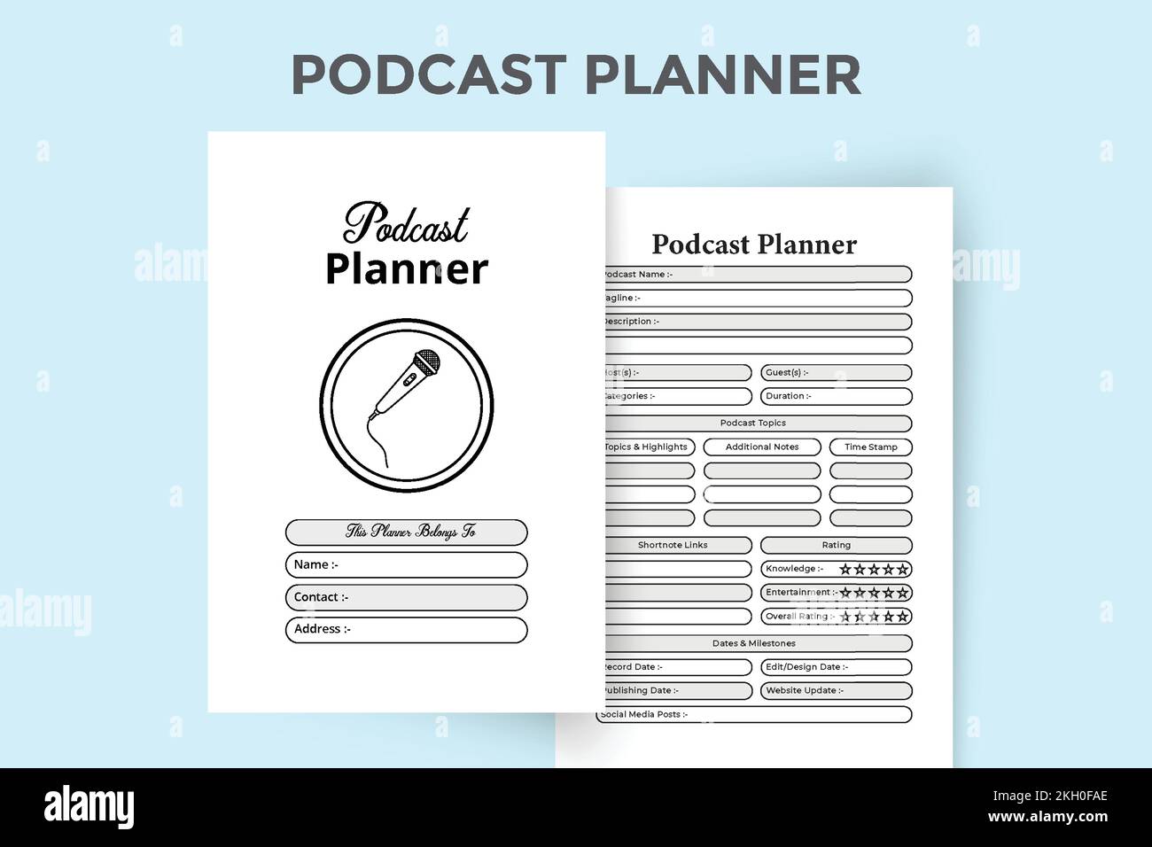 Podcast täglicher Infoprüfer KDP-Innennotizbuch. Podcast-Kanal-Informationen-Tracker und Zeitplanvorlage für Logbuch. Das KDP-Innenjournal. Radio sta Stock Vektor