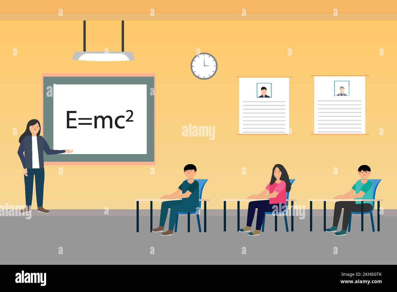 Physiklehrer in seinem Klassenzimmer mit dem flachen Charaktervektor der Schüler. Lehrerin mit Tafel und Innenzeichnung im Klassenzimmer. Stu Stock Vektor