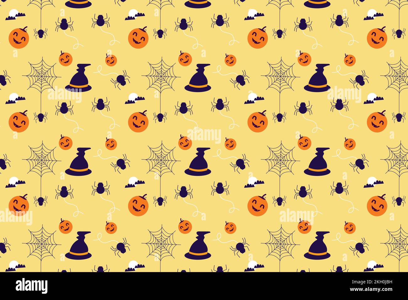 Süßer Hintergrundevektor mit Halloween-Muster und gruseligen Kürbissen und Hexenhüten. Gruseliges Halloween-Muster für Bettwäsche oder Buchbezüge. Heilig Stock Vektor
