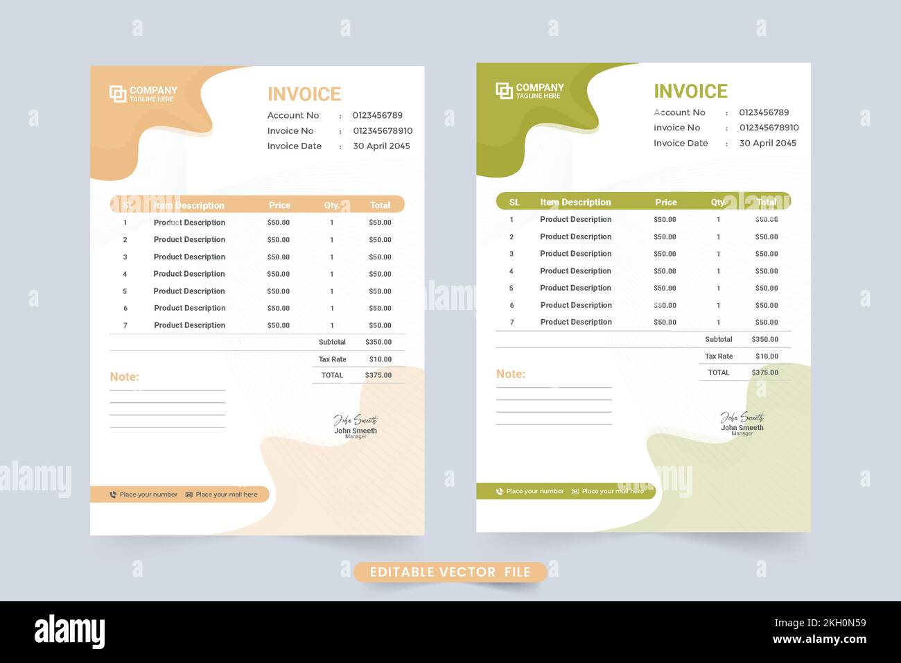 Vektor der Rechnungsvorlage mit grünen und hellorangefarbenen Farben. Kreatives Rechnungsdesign mit abstrakten Formen. Vorlage für Geschäftsrechnung mit Einkaufsdaten Stock Vektor