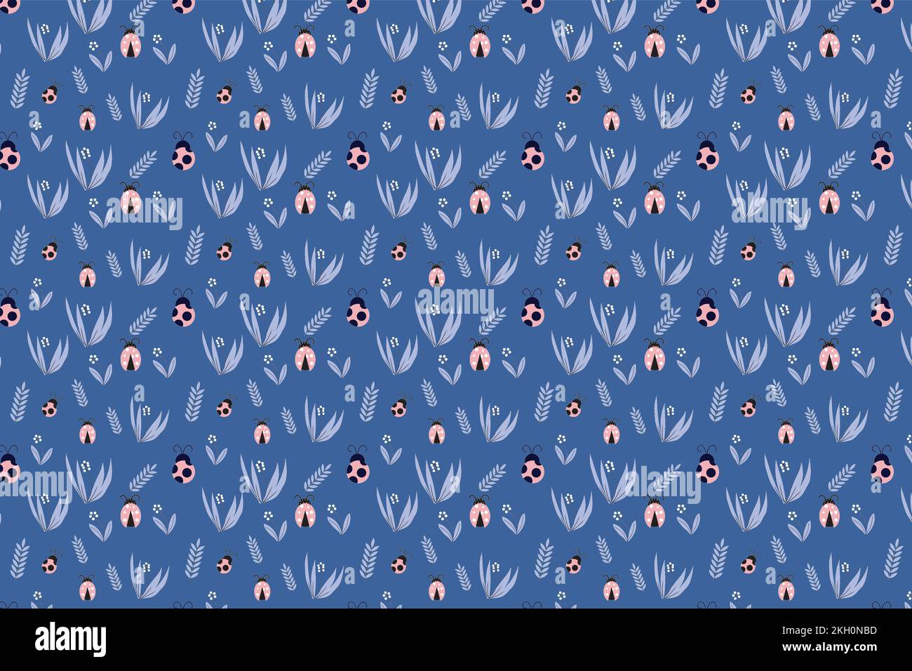 Nahtlose Marienkäfer-Dekoration mit Insekten und Blumensymbolen. Endloses Blumenmuster auf blauem Hintergrund. Abstrakte Insekten Mustervektor Stock Vektor