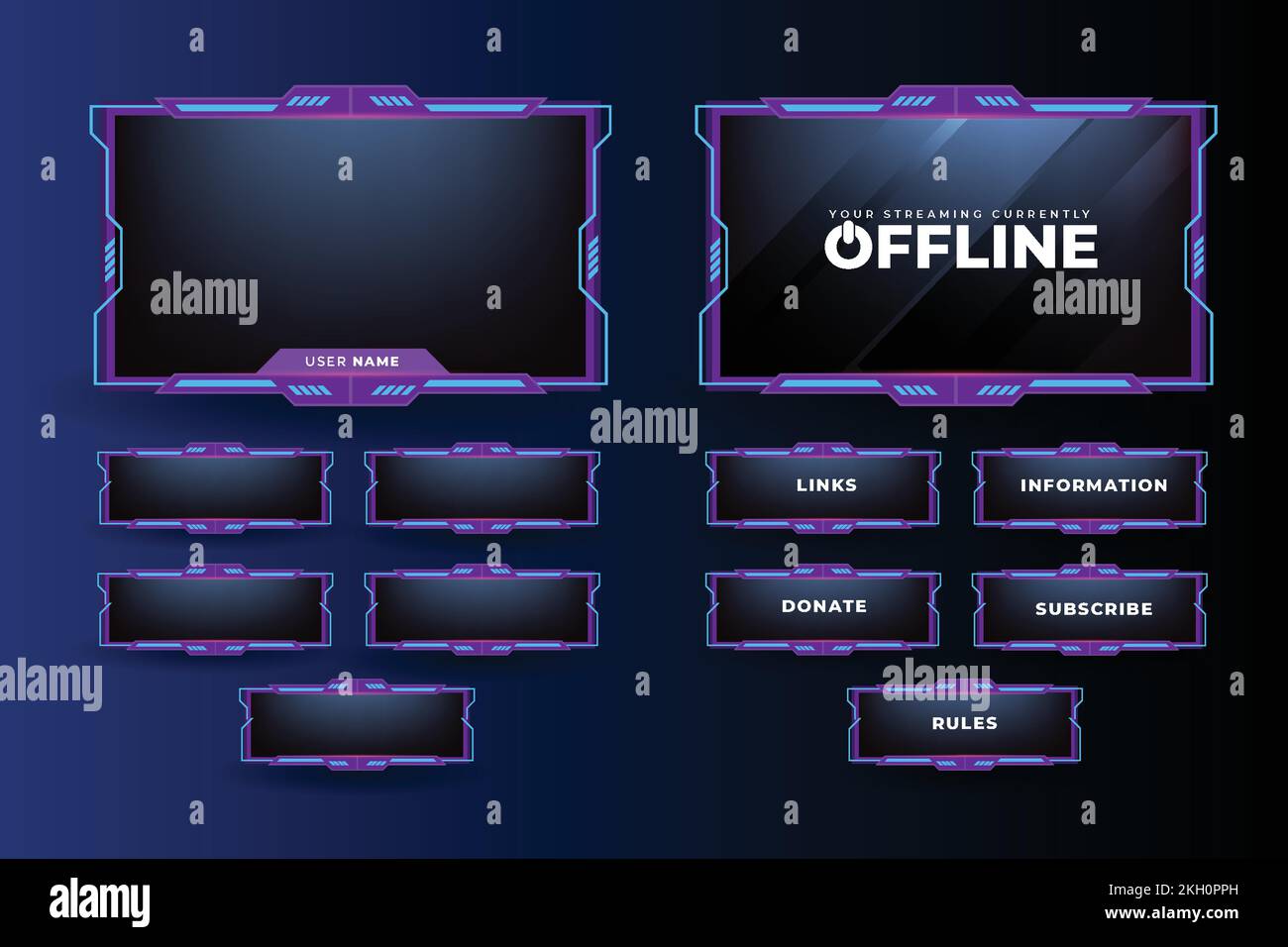 Überlagerungsvektor für Online-Spiele für Live-Gamer. Modernes Rahmendesign für Offline-Gaming mit farbenfrohen Tasten. Lila und cyanfarbene Live-Stream-Anzeige Stock Vektor