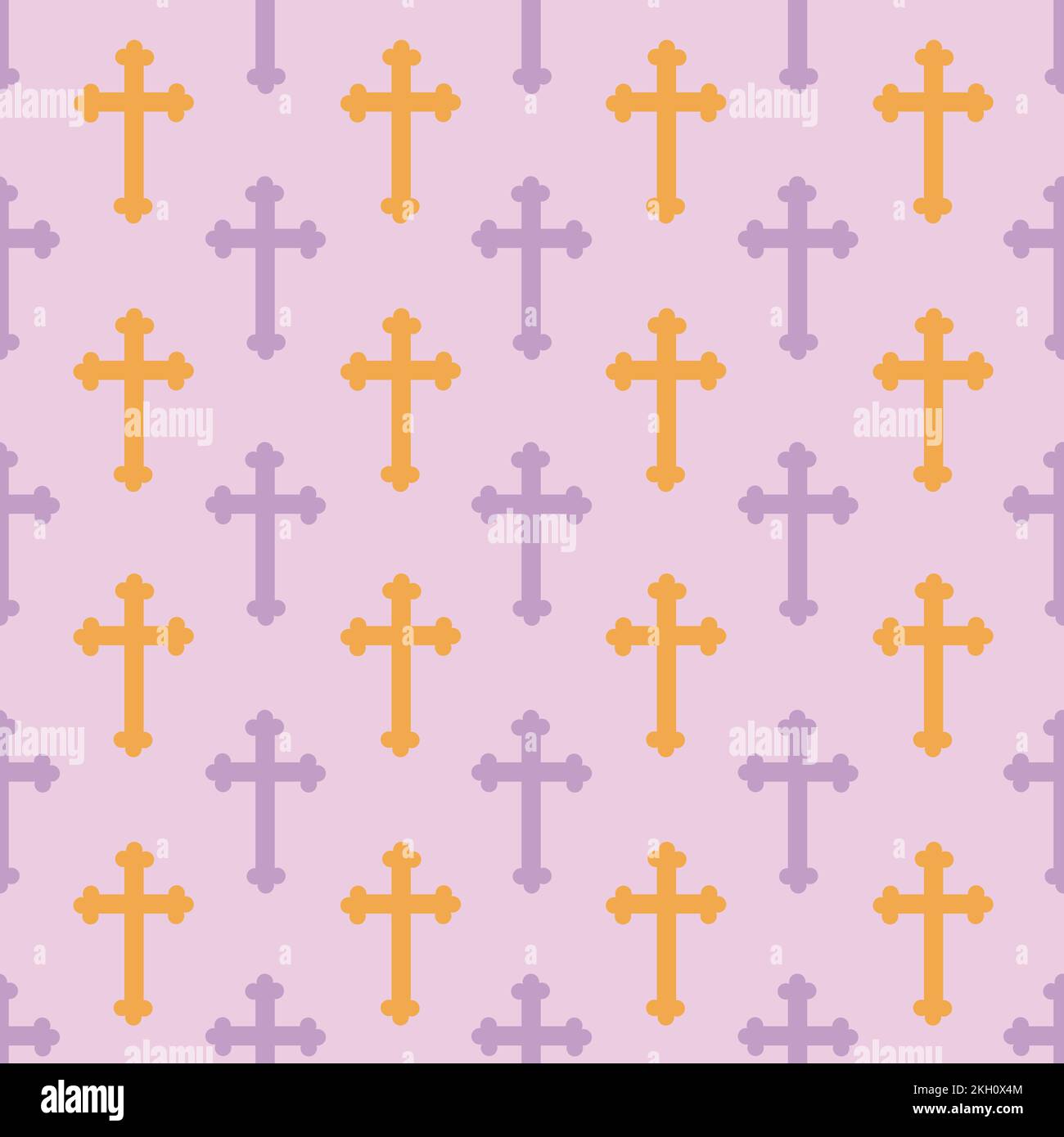 Gelbes und lila Kruzifix auf rosafarbenem Hintergrund. Christliches Symbol nahtloses Muster. Stock Vektor
