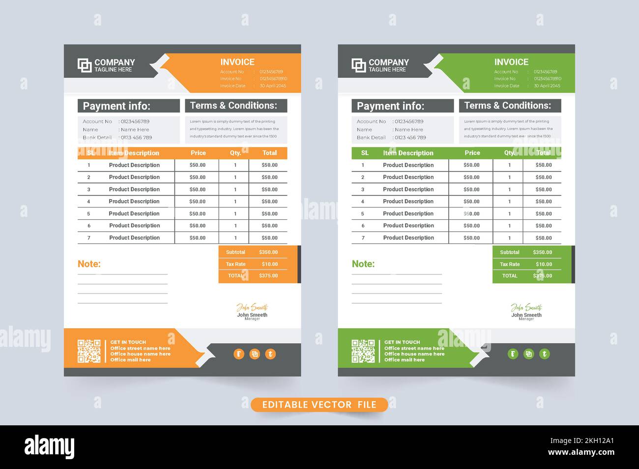 Vektor für Zahlungsvereinbarungen und Rechnungsvorlagen in Grün und Orange. Design der Geschäftsrechnung und des Gutscheins für den Kauf von Produkten mit abstraktem Text Stock Vektor