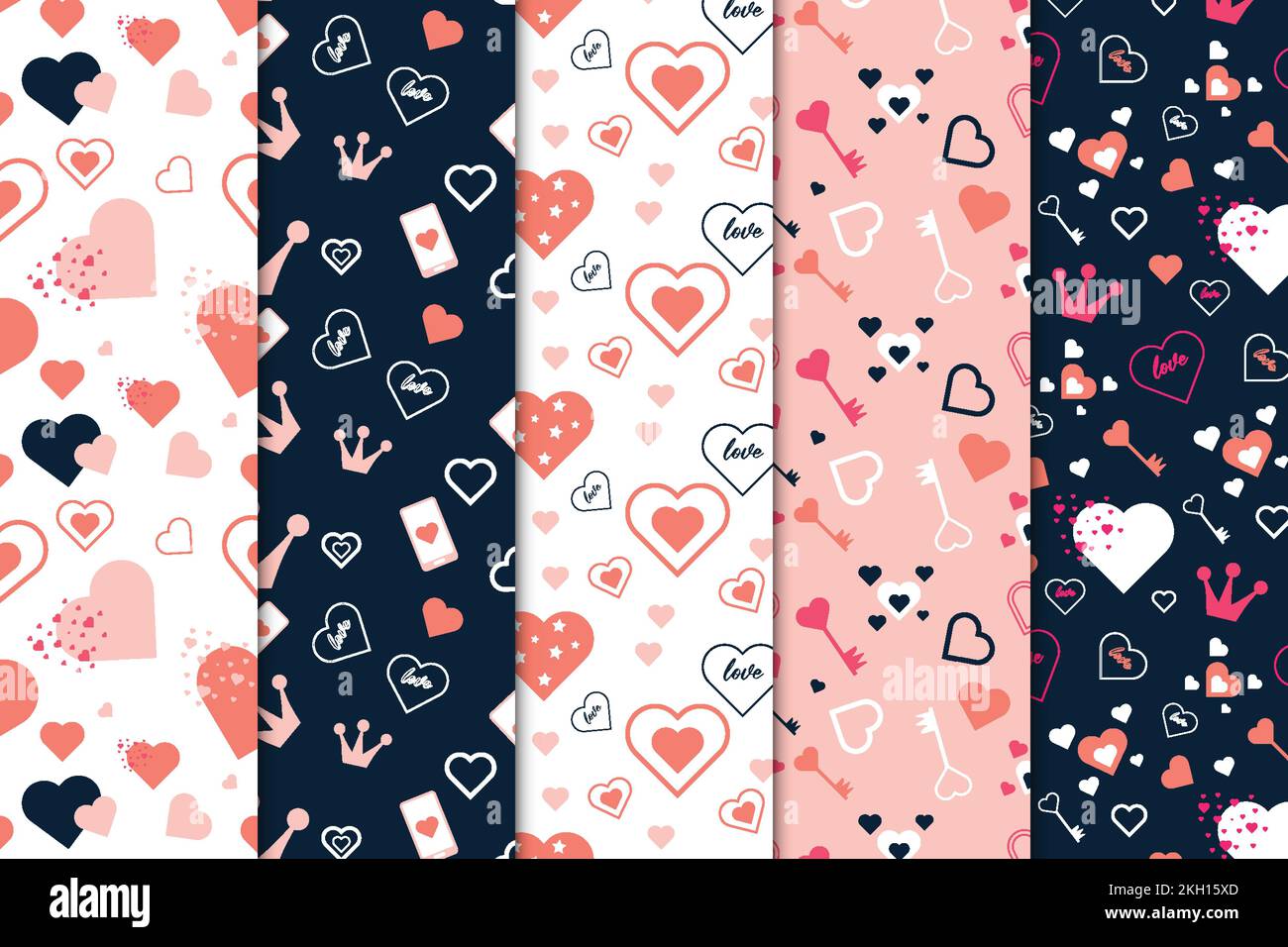 Nahtlose Love Pattern Background Kollektion auf weißem und dunklem Hintergrund. Einfaches „Love Element“-Muster-Paket für Bettwäsche, Geschenkgutscheine und Verpackung Stock Vektor