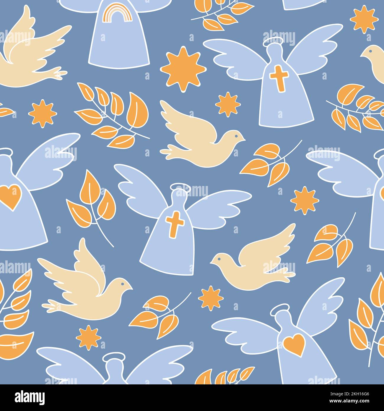 Taube und Engel nahtloses Muster auf blauem Hintergrund. Christliches Symbol nahtloses Muster. Stock Vektor