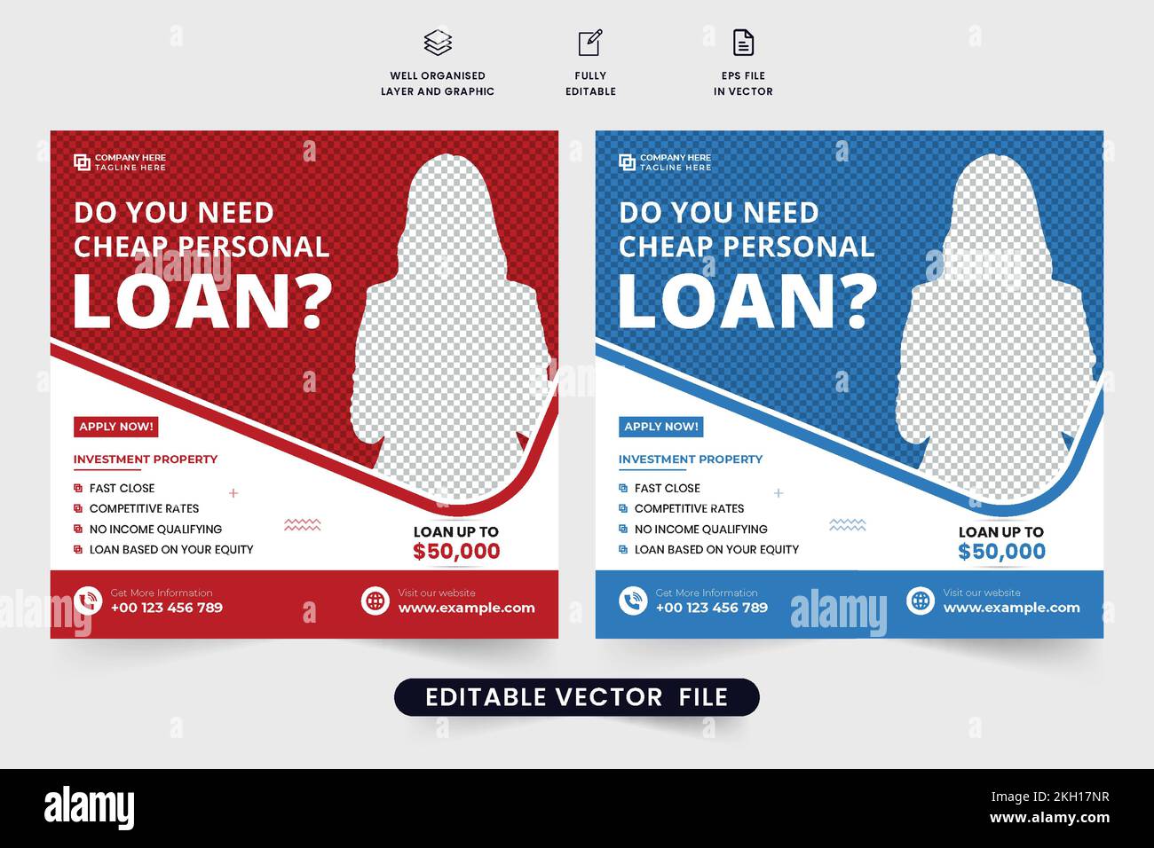 Billiges Poster-Design mit roten und blauen Farben für private Kreditangebote. Moderne Vorlage für Geschäftskredite für Social Media-Marketing. Bankdienstleistungen Stock Vektor