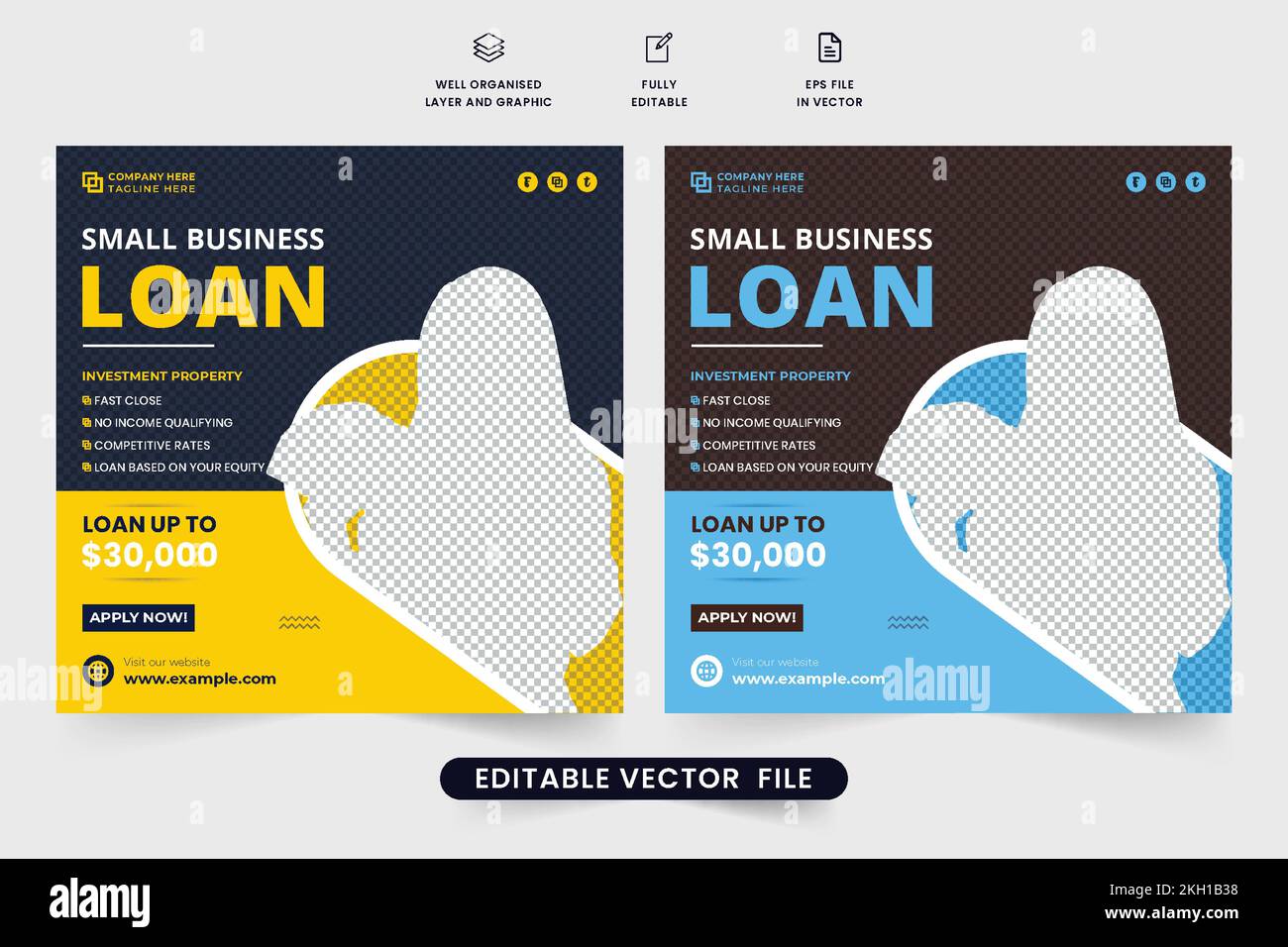 Werbevorlage für Bankdarlehen als Vektor für digitales Marketing. Vorlage für Kredite und Verbindlichkeiten für kleine Unternehmen in Gelb und Blau. Mo Stock Vektor