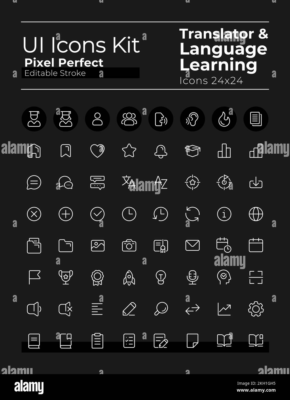 Sprachlernpixel perfekte weiße lineare ui-Symbole für dunkles Thema Stock Vektor