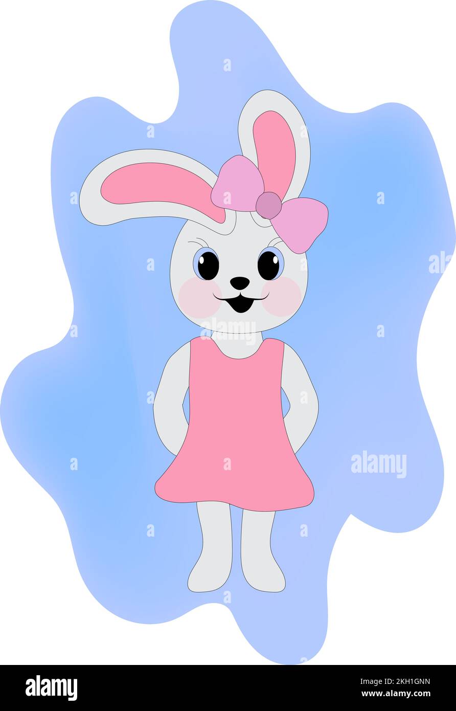 Bunny-Mädchen in einem rosa Kleid und einer Schleife auf blauem Hintergrund. Symbol für 2023. Vektordarstellung. Stock Vektor
