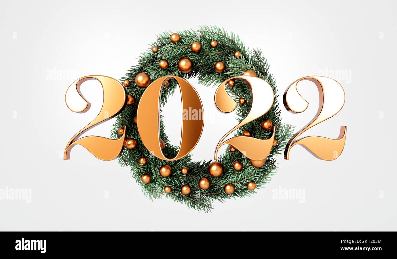 Frohes neues Jahr 2022 Goldtext mit festlichem weihnachtskranz. 3D-Rendering Stockfoto