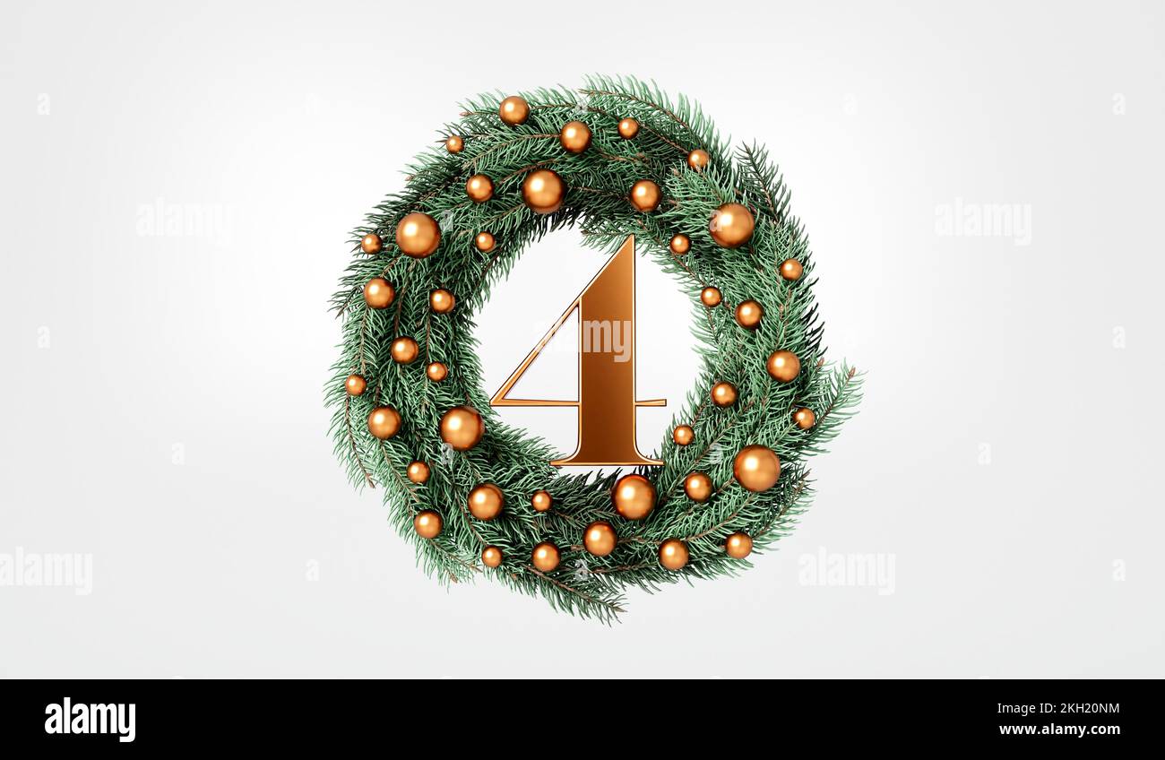 Die 12 Weihnachtstage. 4. Tage festlicher Kranz und Text. 3D-Rendering Stockfoto