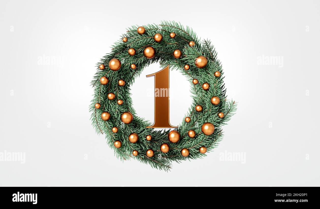 Die 12 Weihnachtstage. 1. Tage festlicher Kranz und Text. 3D-Rendering Stockfoto