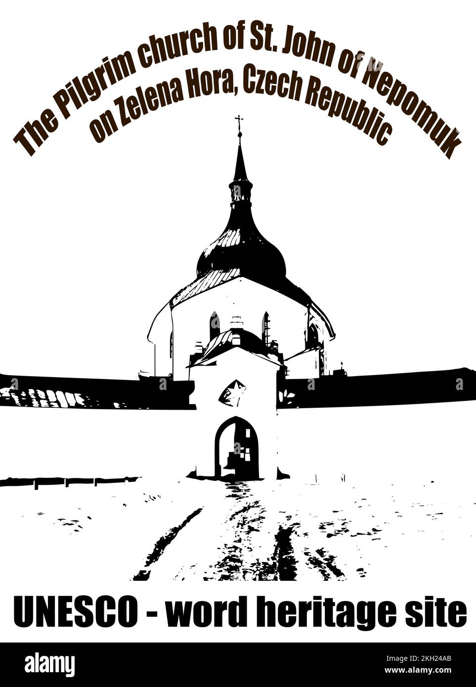 Wallfahrtskirche St. Johannes von Nepomuk (Jan Nepomucky) auf zelena hora, grüner Hügel, Zdar nad Sazavou, Tschechische Republik, UNESCO-Denkmal, Schwarz und weiß Stock Vektor