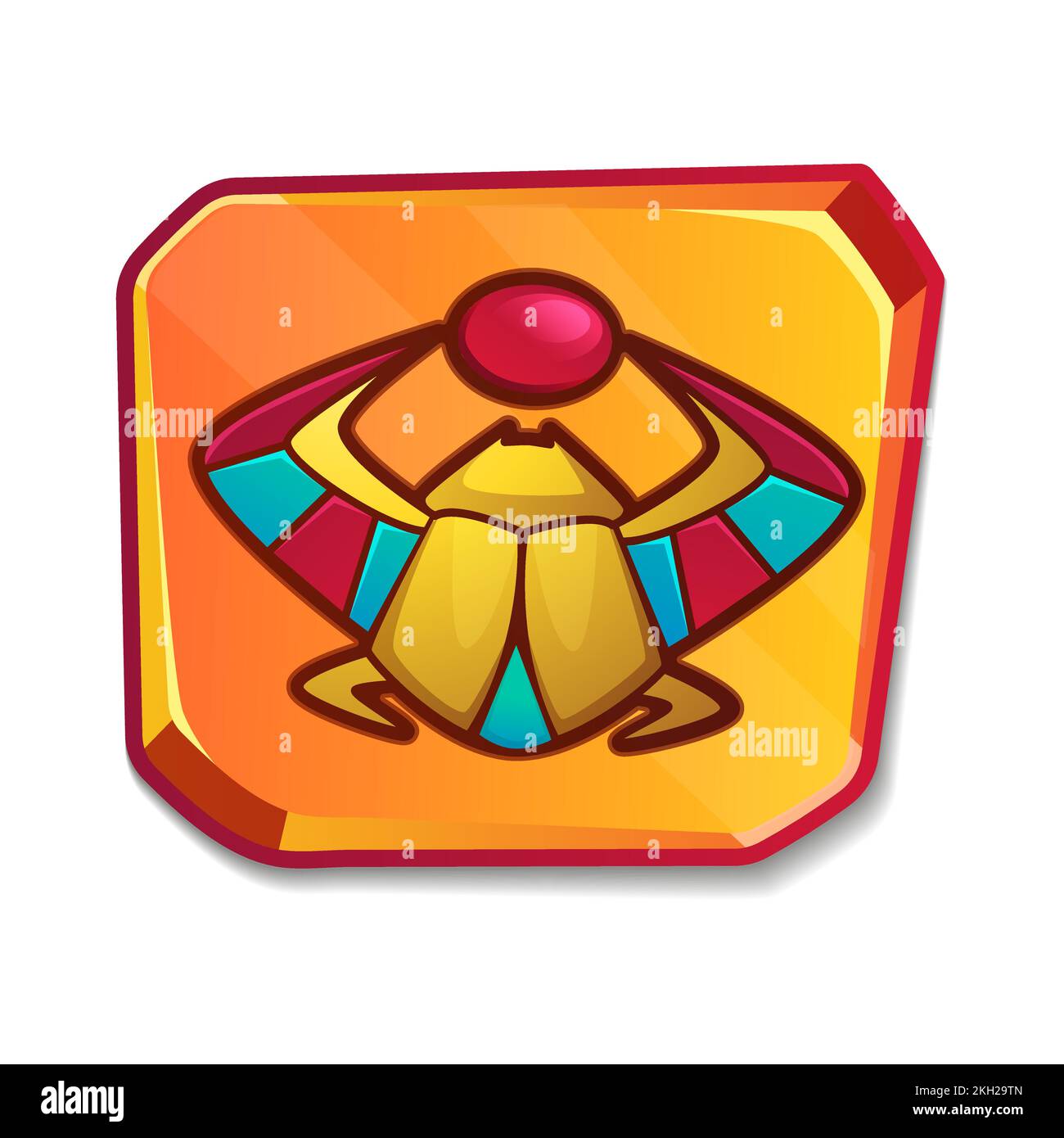 Goldenes Steinbrett mit ägyptischem Skarabäkerkäfer. Leere Tontafel mit religiösem Kultursymbol. Goldenes altes ägyptisches Symbol für grafische Benutzeroberfläche, Spieldesign auf weißem Hintergrund. Stock Vektor