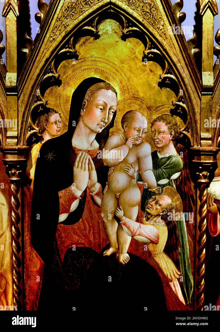 Madonna und Kind, umgeben von Engeln und Heiligen, 1465, Giacomo del Pisano, Italiener, Maler, Italien, aktiv 2.. Hälfte des 15.. Jahrhunderts Stockfoto