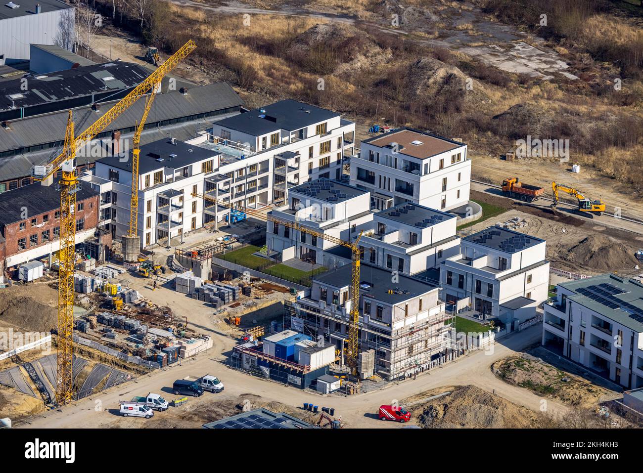 Luftaufnahme, Gebäudebereich Rennekamp für Wohngebäude Neubau auf dem ehemaligen Merkur-Gelände Thomä, Soest, Soester Börde, Nordrhein-We Stockfoto