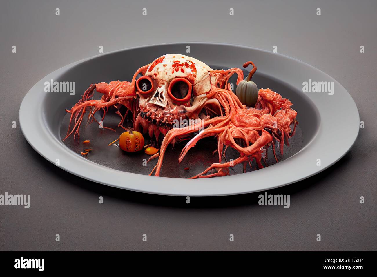 Anatomischer menschlicher Teil, Gehirnteile, Eingeweide, Schädel und Knochen mit giftigem Gemüse, die eine schreckliche Speise bilden. Ein Halloween-Dinner-Thema und Stockfoto