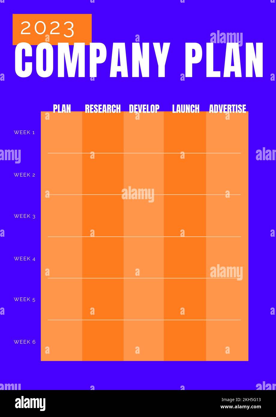 Zusammengesetzter Text aus Unternehmensplan 2023 mit Wochenplan mit orangefarbenen Zellen auf blauem Hintergrund Stockfoto