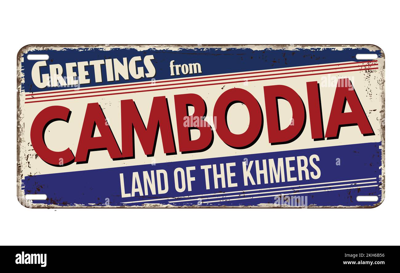 Grüße aus kambodschanischer rostiger Metallplatte auf weißem Hintergrund, Vektordarstellung Stock Vektor