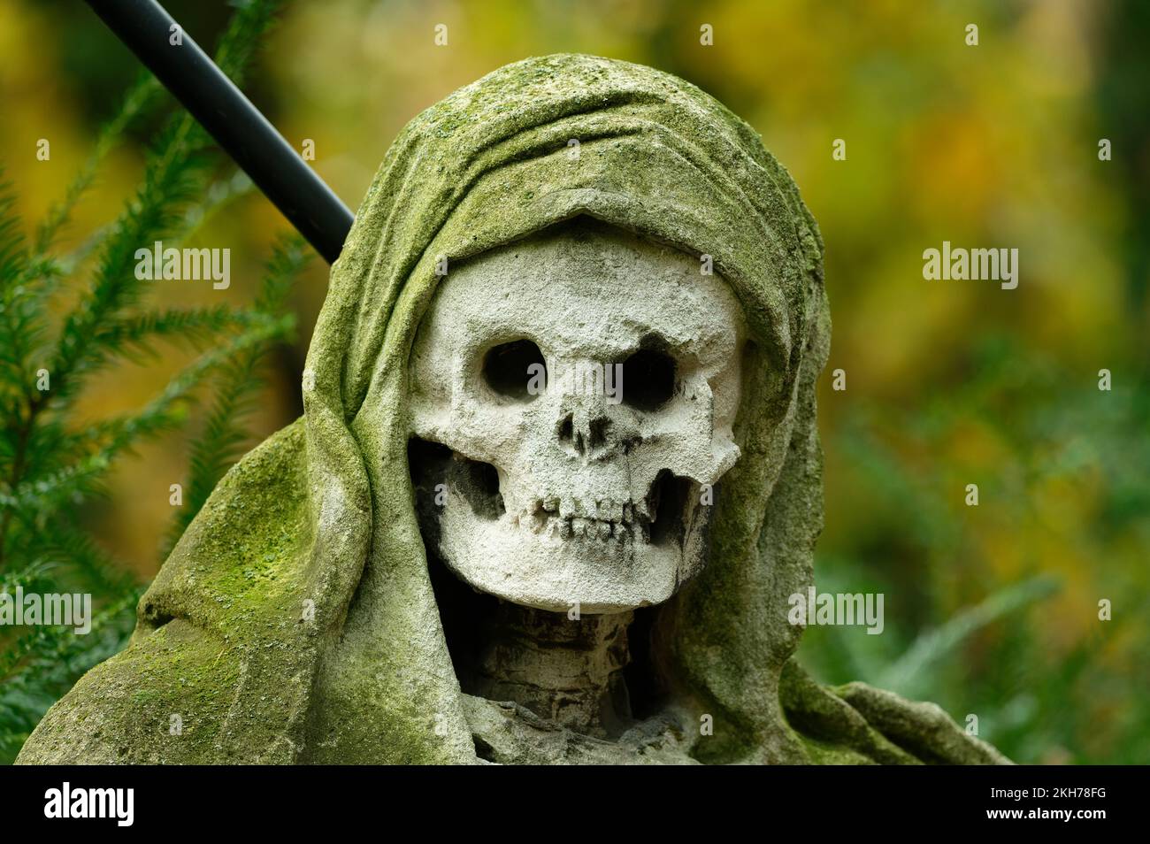Der Seelensammler mit dem Schädel auf dem historischen Friedhof schaut in die Kamera Stockfoto